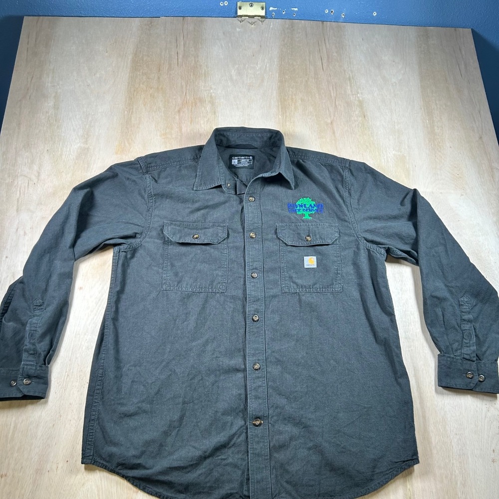 Carhartt Mens Loose Fit Long Sleeve Button Down Work Shirt Gray Rowland Tree L